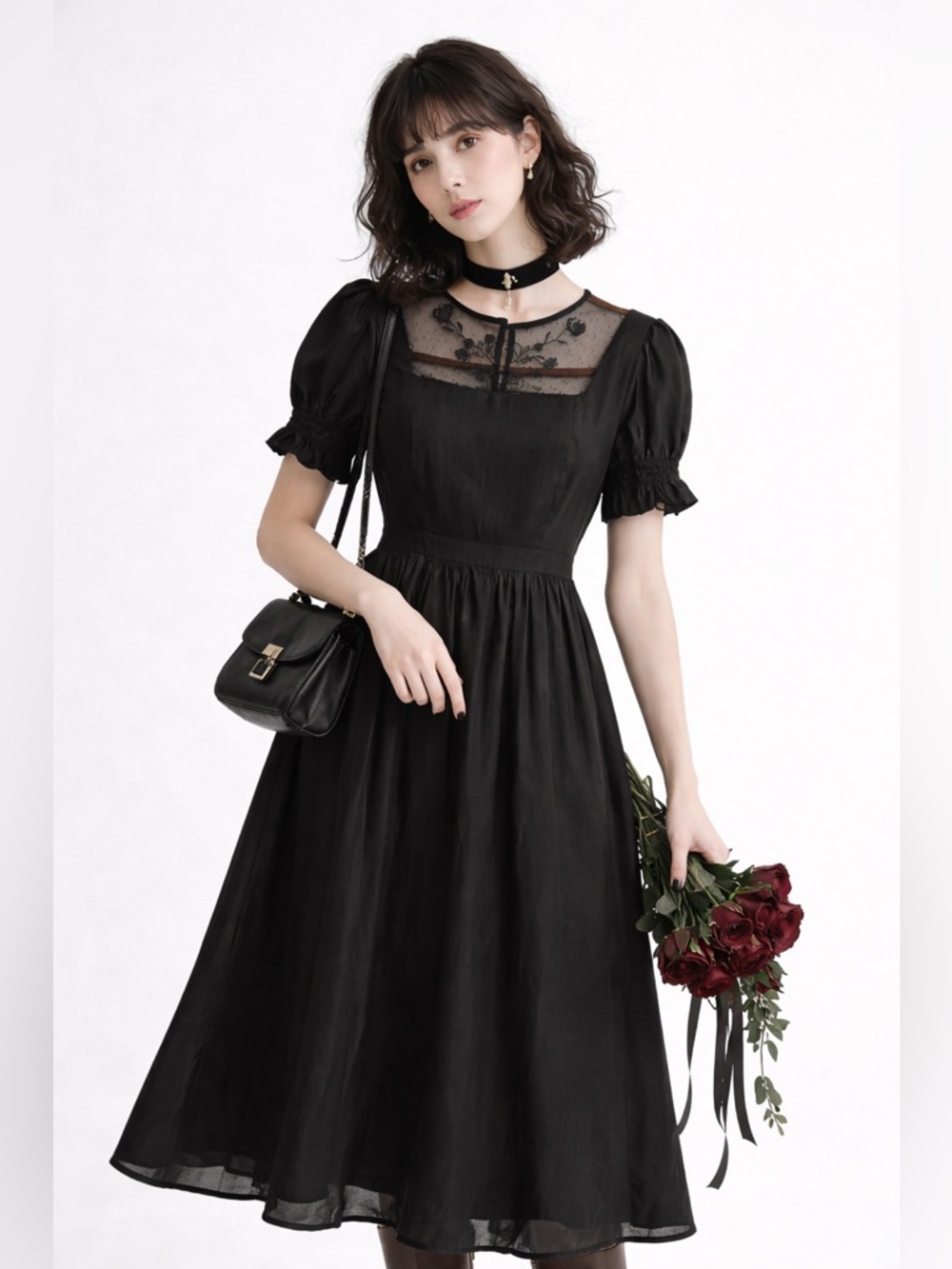 SIMPLE‎ RETRO Black Lace Yoke Midi Dress Cottagecore Coquette Puff Sleeve NWT